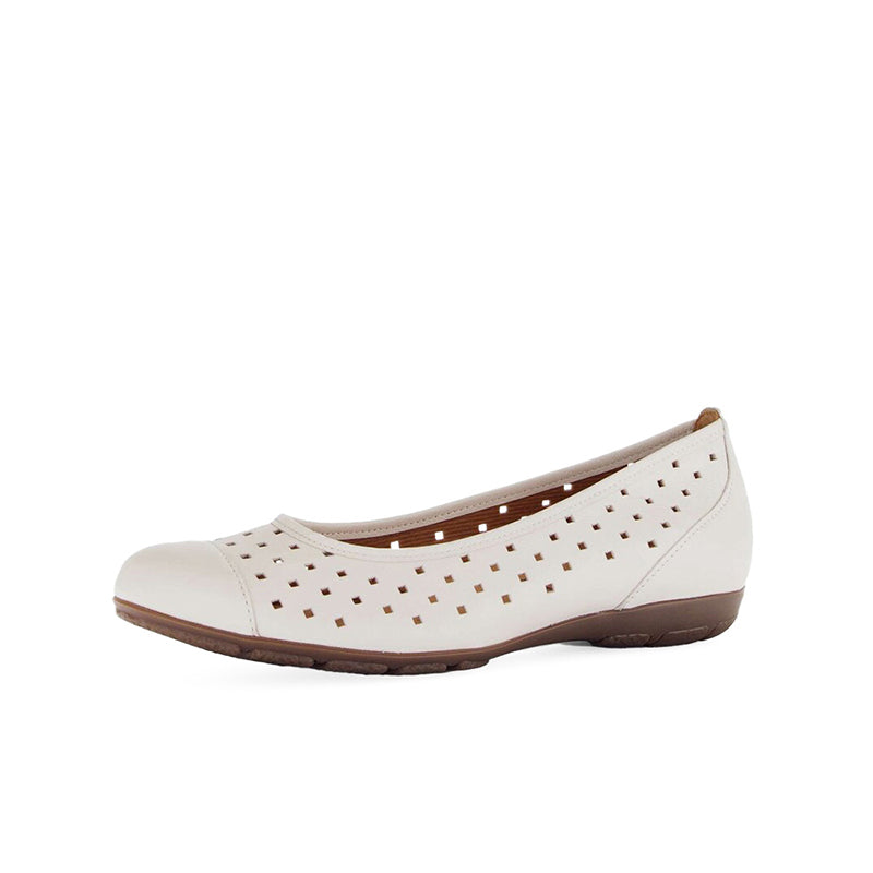 Beige slip-on ballet flats with perforated ruffle trim and low cushioned sole