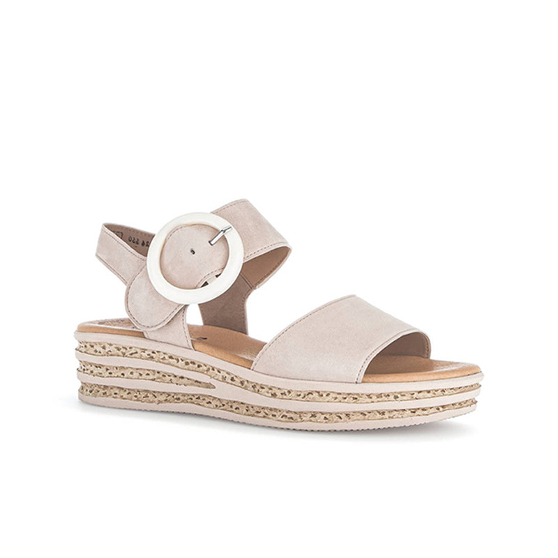 Beige leather platform sandals with Velcro strap and round buckle detail