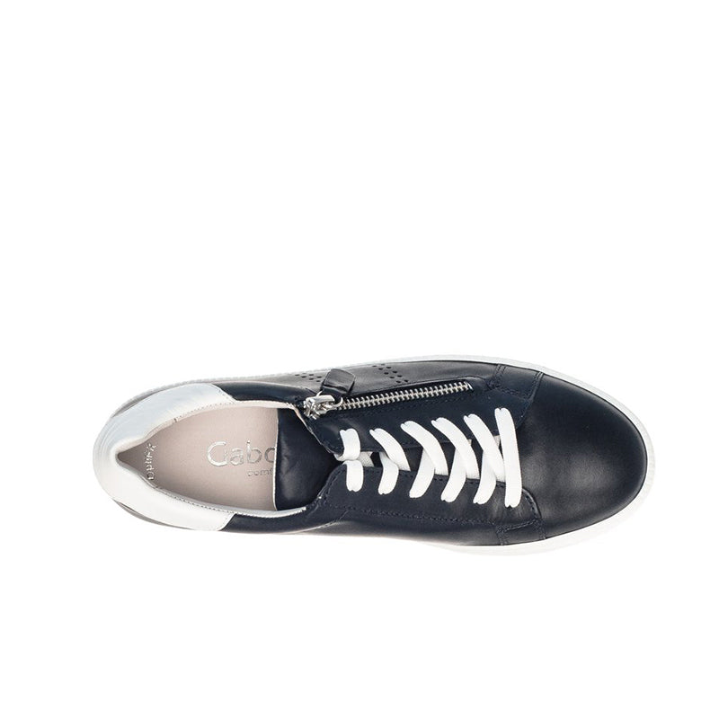 Midnight leather trainer toe and lace panel with white eyelets and laces
