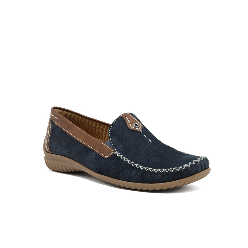 Navy suede slip-on loafer with brown lining, stitch trim, and rubber sole