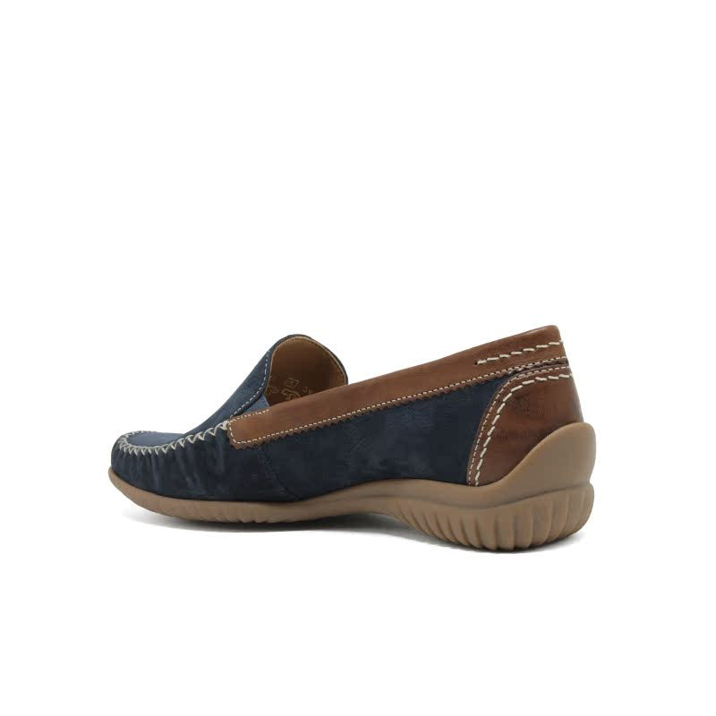 Suede slip-on loafer heel view with navy upper and brown leather trim