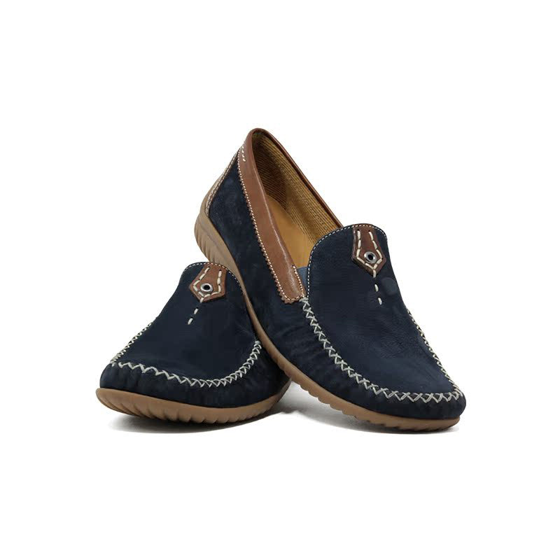 Navy leather slip-on loafer with stitched moc seam and decorative buckle detail