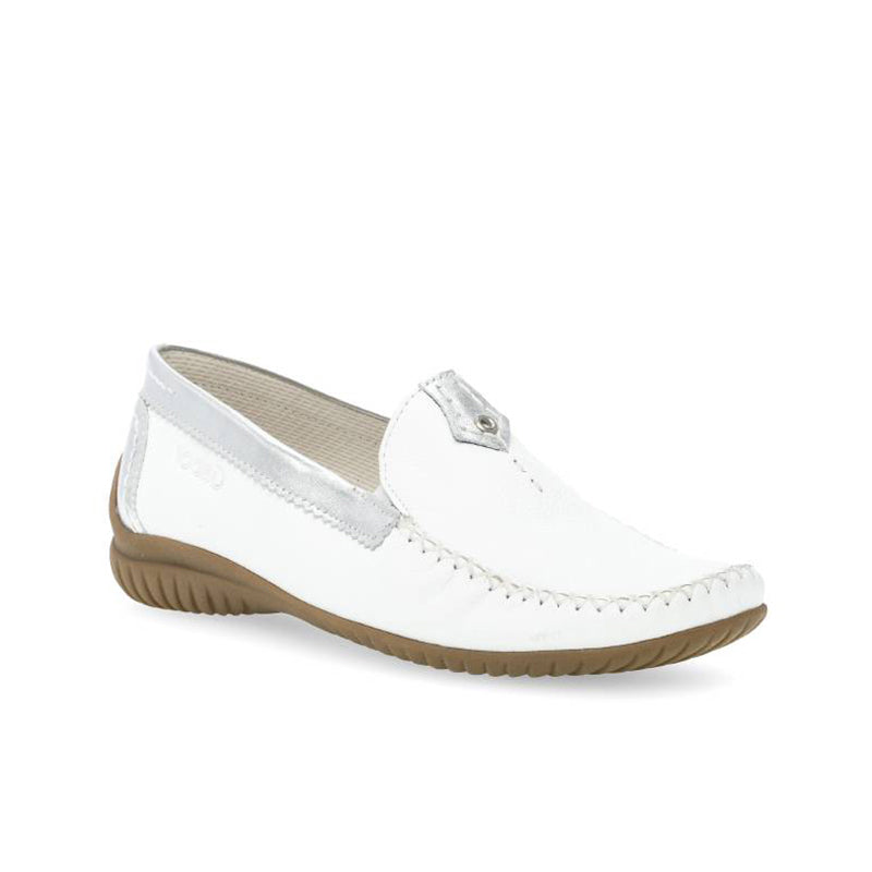 White leather slip-on loafer with moc stitching and brown rubber sole