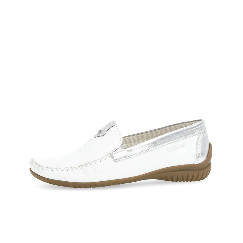 White leather slip-on loafer with buckle detail and brown textured sole
