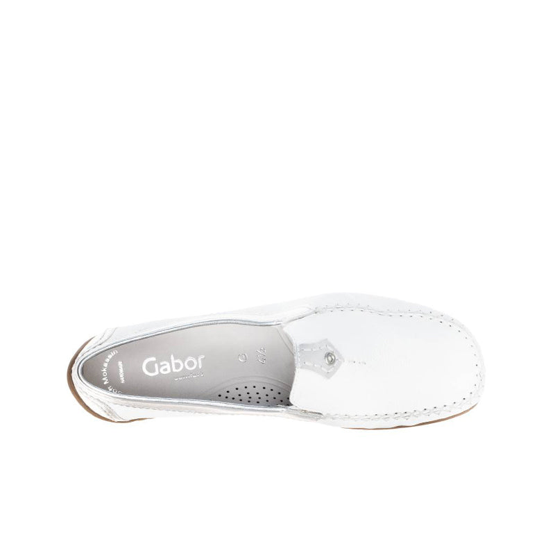 White leather loafer interior with Gabor logo and perforated footbed