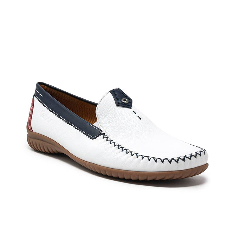 White leather slip-on loafer with navy insole and brown rubber sole
