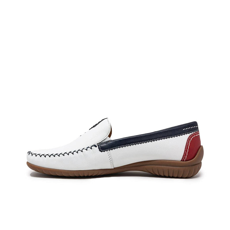White leather slip-on loafer with navy top stripe and red heel accent