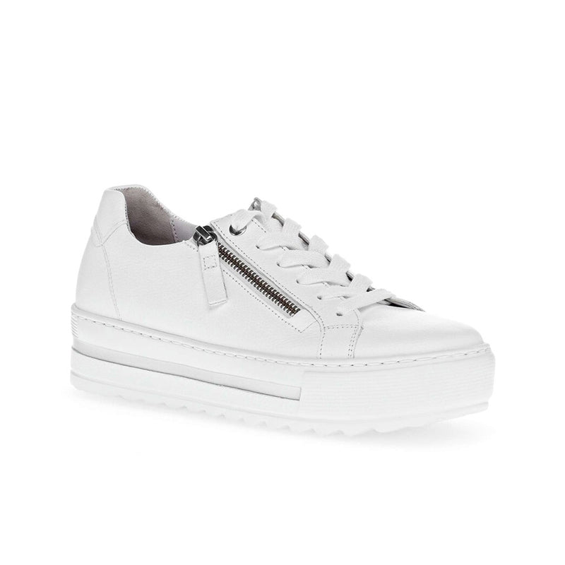 White leather low-top trainers with lace-up and side zip, wide fit