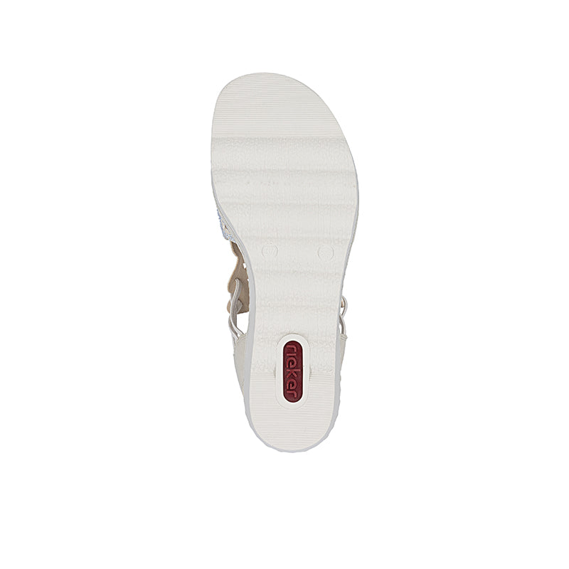 Rieker sandals outsole view in light color with textured tread and red logo