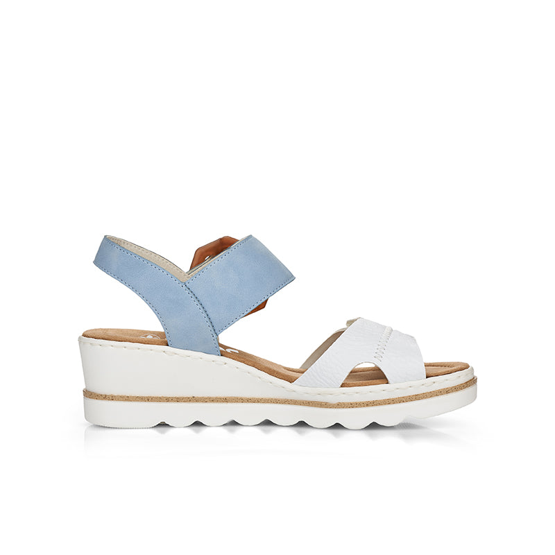 Light blue and white wedge sandals with tan buckle accent and hook-and-loop strap