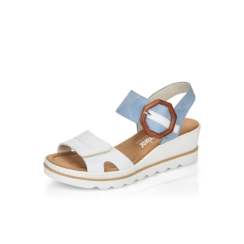 Light blue and white wedge sandals with tan decorative buckle and cushioned sole