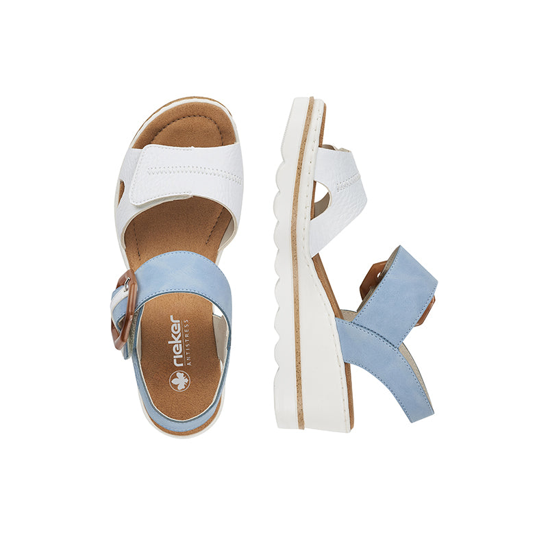 Two-tone women’s sandals with buckle, open toe, cushioned platform sole