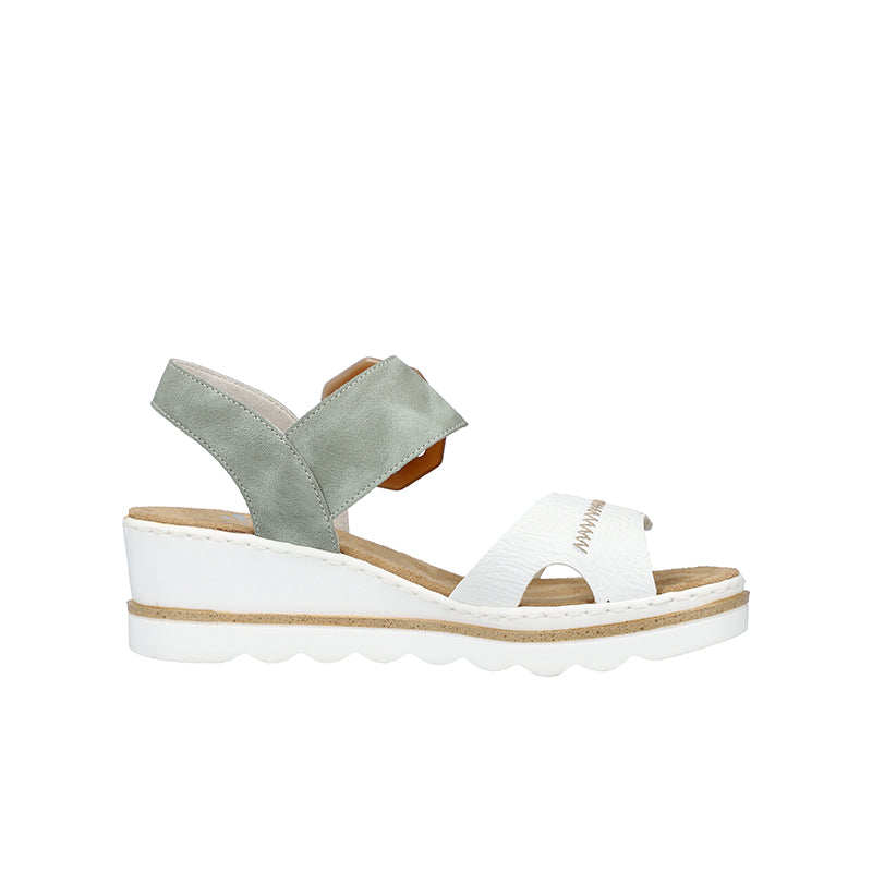 Wedge sandals with white straps and light green upper, open toe buckle