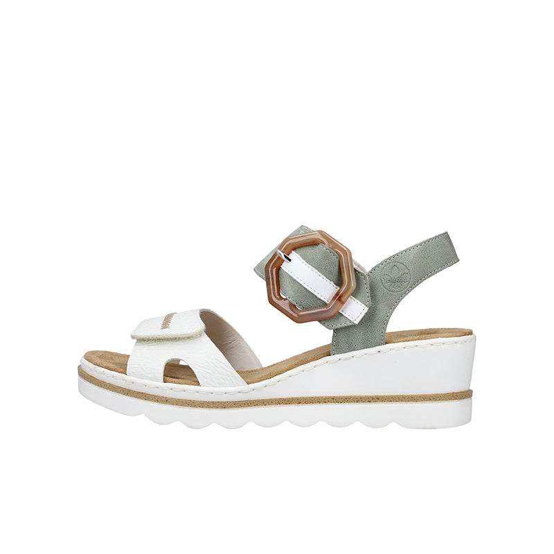 Platform wedge sandals with white straps and light green upper, buckle detail
