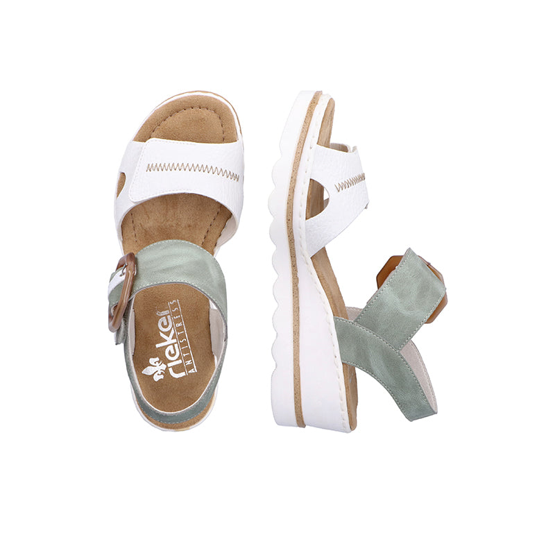 Women’s sandals with white upper, mint green straps, buckle closure, platform sole