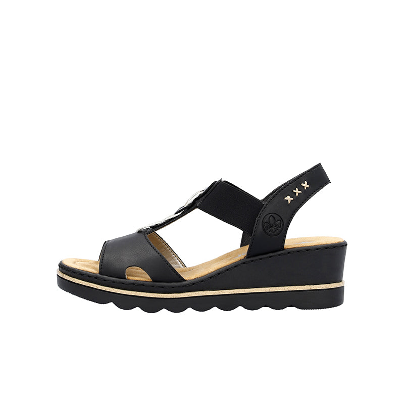 Women's black wedge sandal with cross-strap and open toe