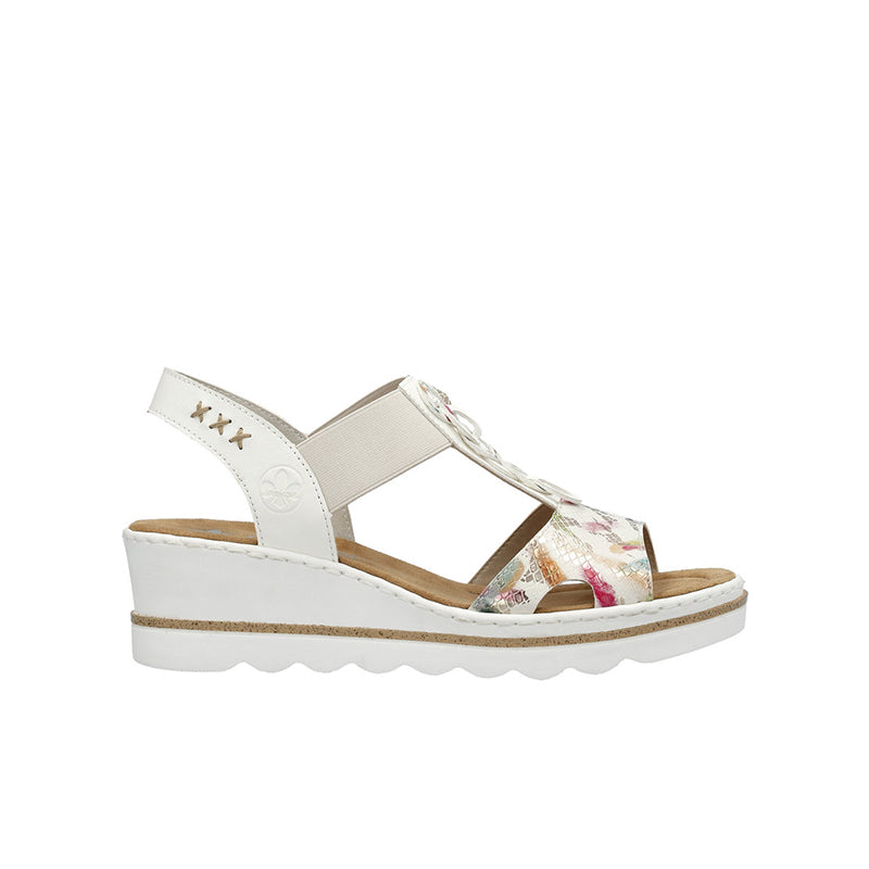 Women's white wedge sandal with floral toe strap and buckle