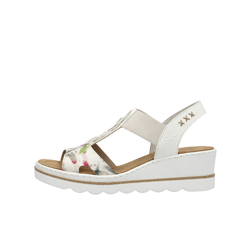 Women's white wedge sandal with floral toe strap and slingback