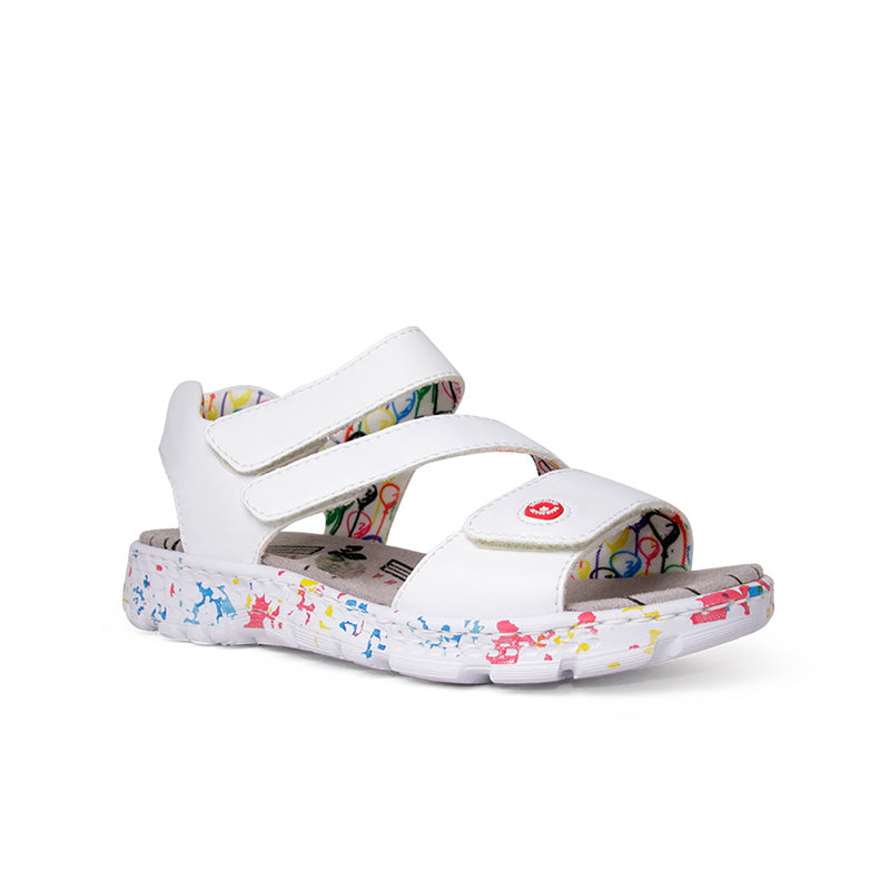 White women's sandals with two hook-and-loop straps and cushioned patterned sole