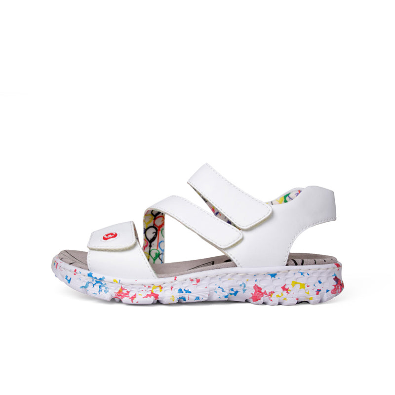 White strappy sandals with triple hook-and-loop closures and speckled platform sole