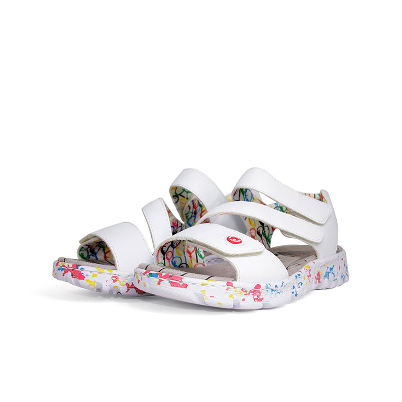 White women's sandals with three wide straps and colorful speckled platform sole