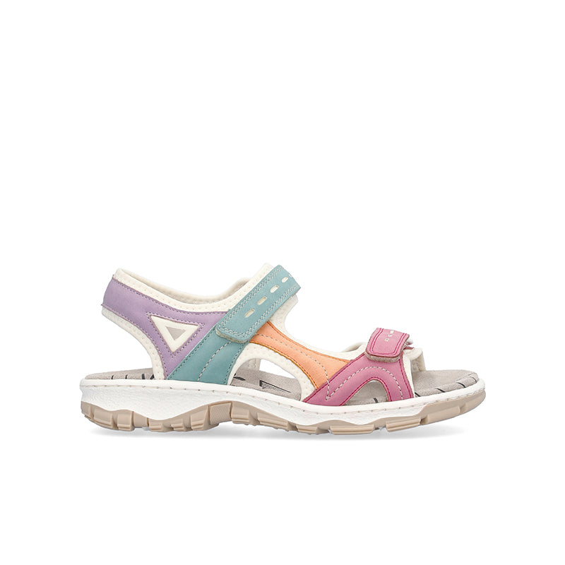 Multicolored women’s sandals with purple, teal, and orange straps and cushioned sole