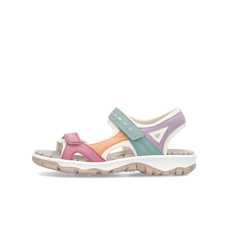 Pair of multicolored women’s sandals with purple, teal, and orange panels and tread sole