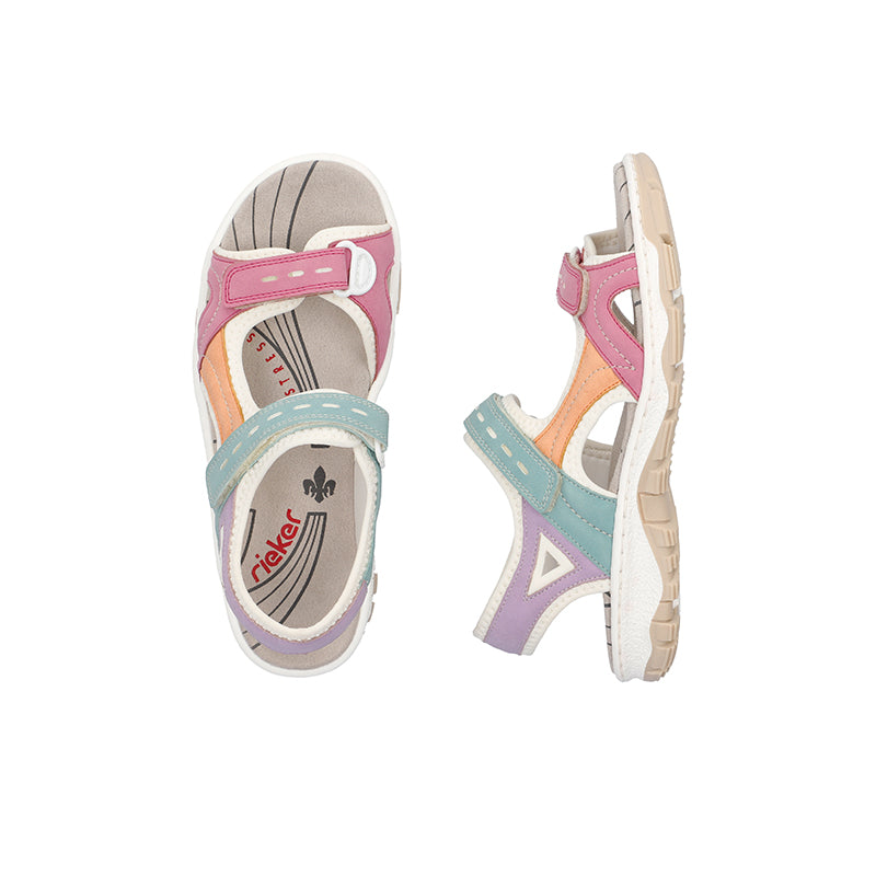 Multicolored women’s sandals shown from front and side, with printed insole logo