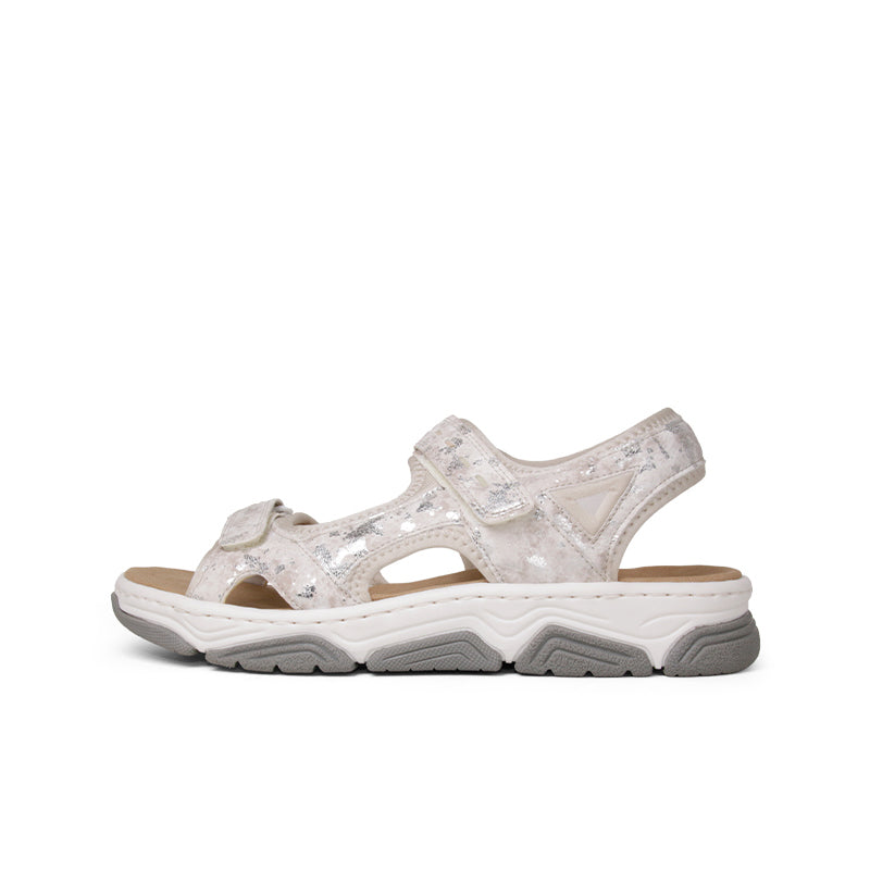 Women’s strappy sandals, light beige upper, adjustable ankle strap, chunky sole