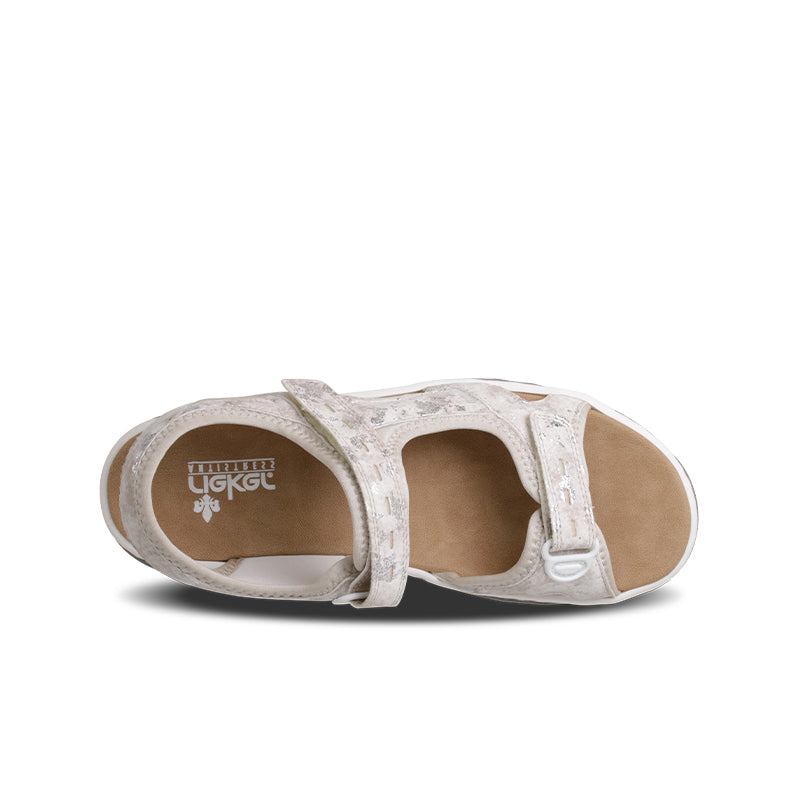 Women’s strappy sandals with open toe, light beige upper and padded tan lining