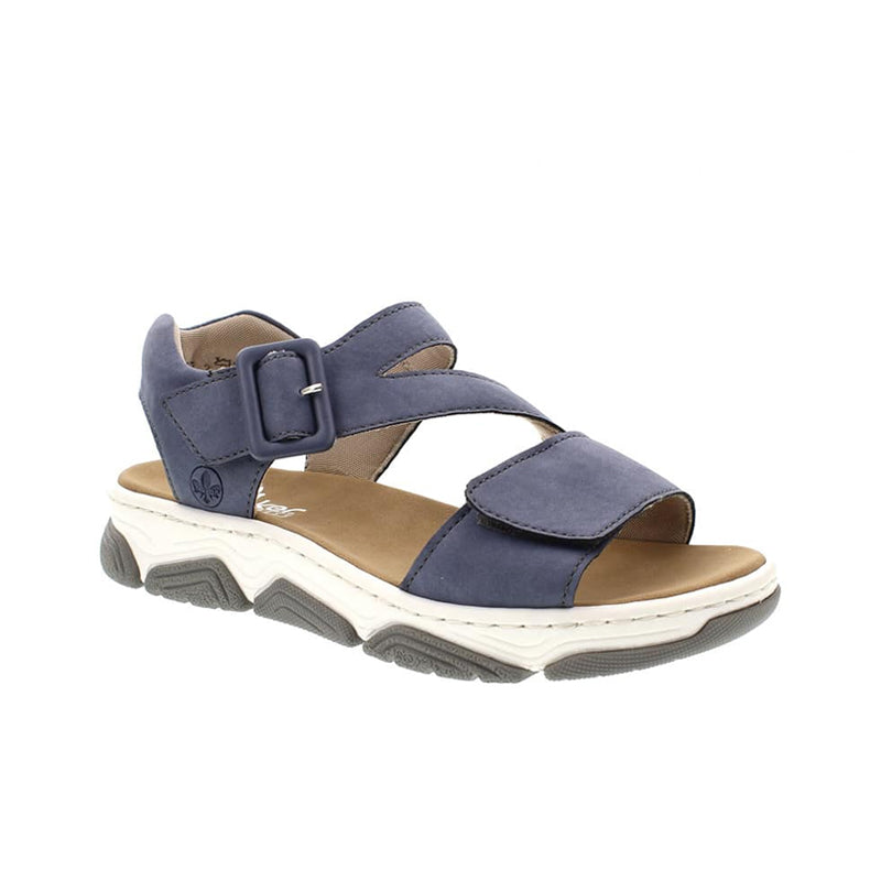 Blue women's sandals with two straps and adjustable buckle, white cushioned sole