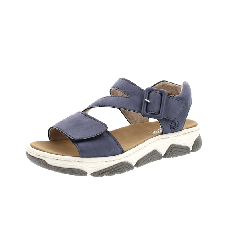 Blue women's sandals with wide straps and adjustable buckle, chunky white sole