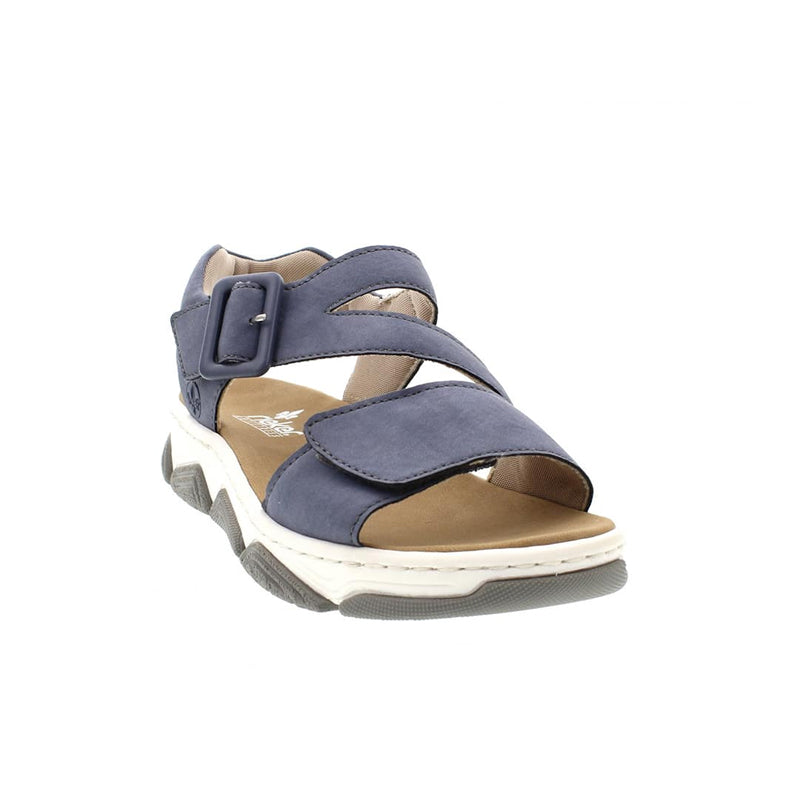 Blue women's sandal with front strap, adjustable buckle, white platform sole