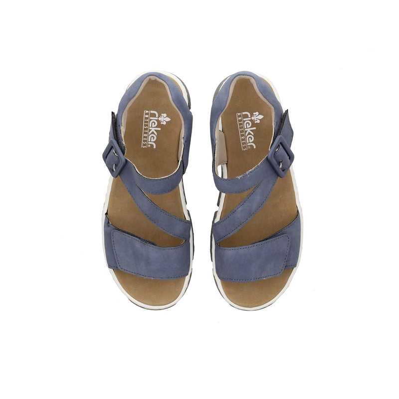 Pair of blue women's sandals with two straps and adjustable buckle, open toe