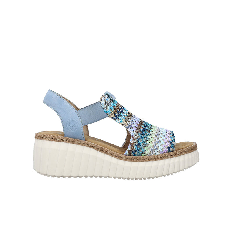 Women’s platform sandals with light-blue straps and multicolor knit upper