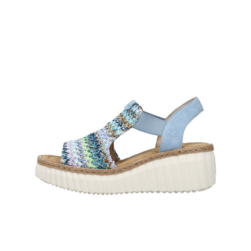 Platform sandals with multicolor knit strap and light-blue ankle strap on white sole