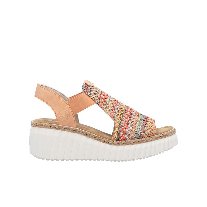 Platform sandals with tan straps, multicolor knit upper, and white tread sole