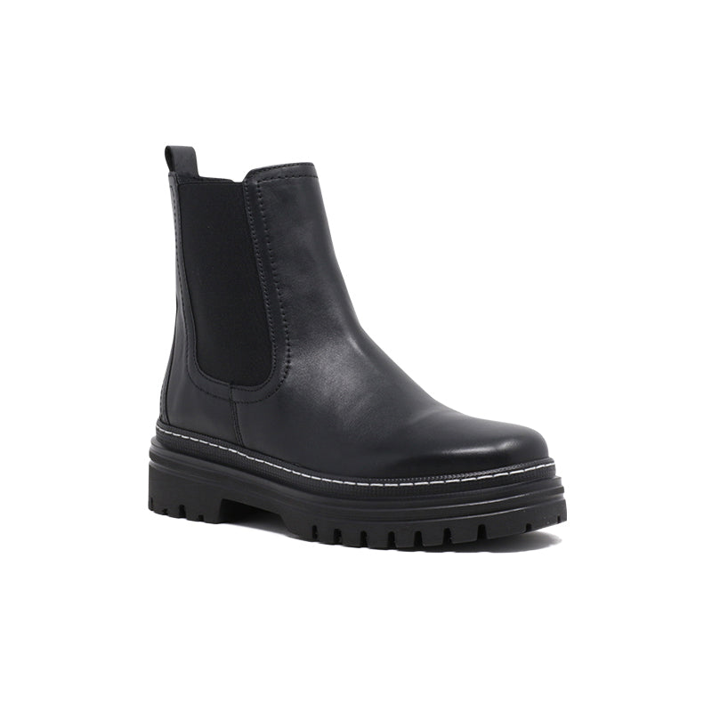 Black leather ankle boots with side elastic panels and chunky rubber sole
