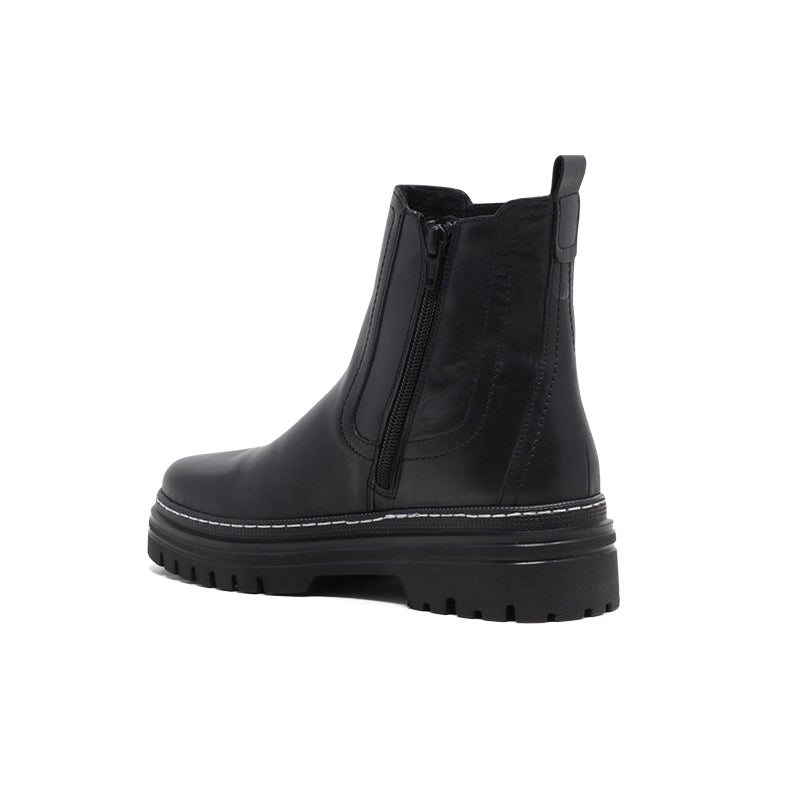 Black leather ankle boots with pull-on elastic gore and treaded platform sole