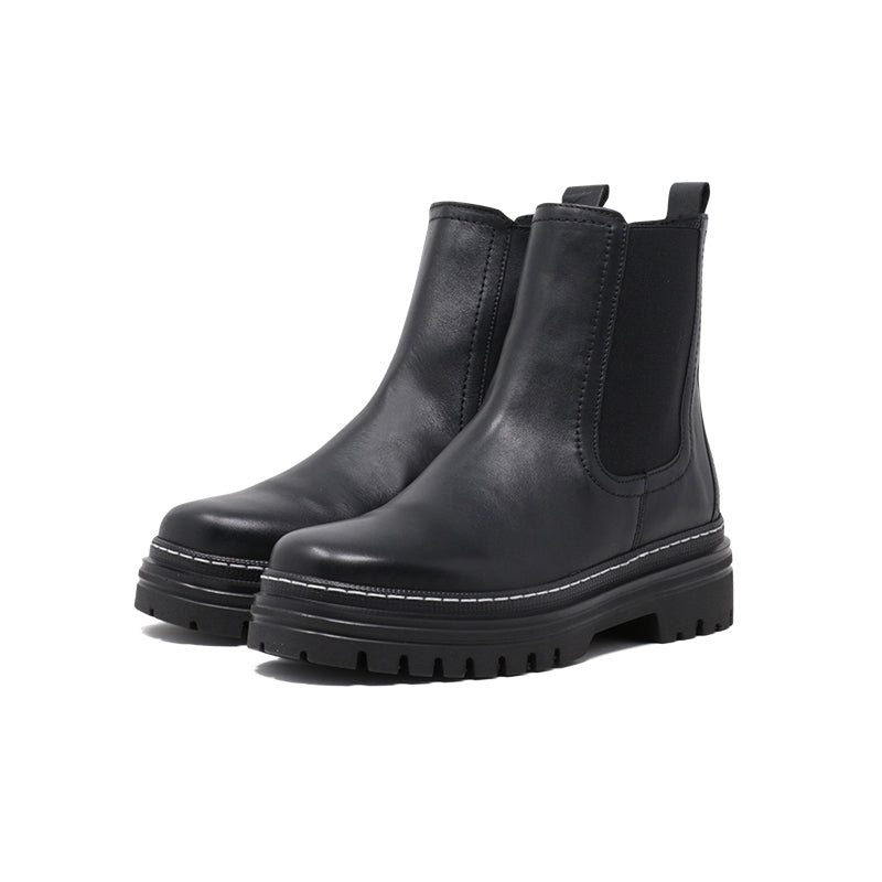 Pair of black leather Chelsea ankle boots with elastic side gores and platform sole