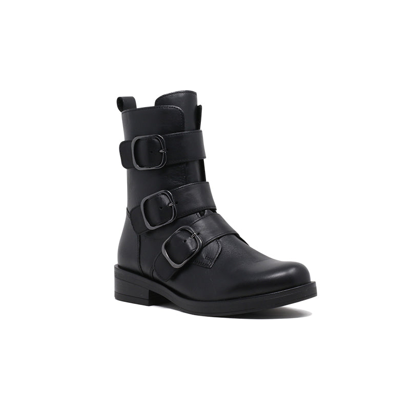 Black leather ankle boot with double buckle straps