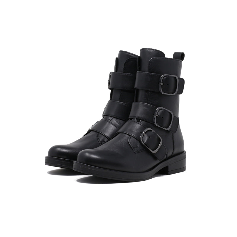 Black leather ankle boot with two buckle straps and short shaft