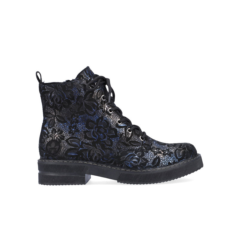 Navy patterned ankle boots with lace-up, dark blue and black, chunky black sole