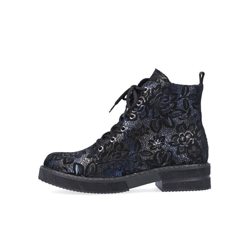 Dark navy lace-up ankle boots with floral pattern, black sole and laces