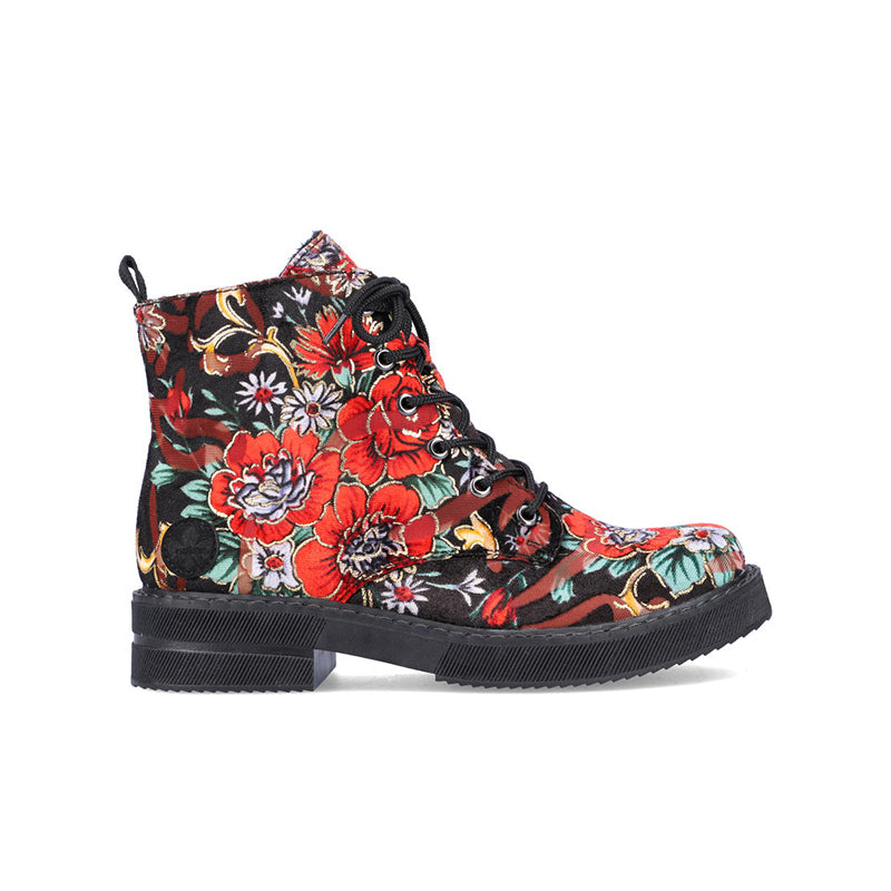 Floral ankle boots with lace-up, red and dark multicolour print, black sole