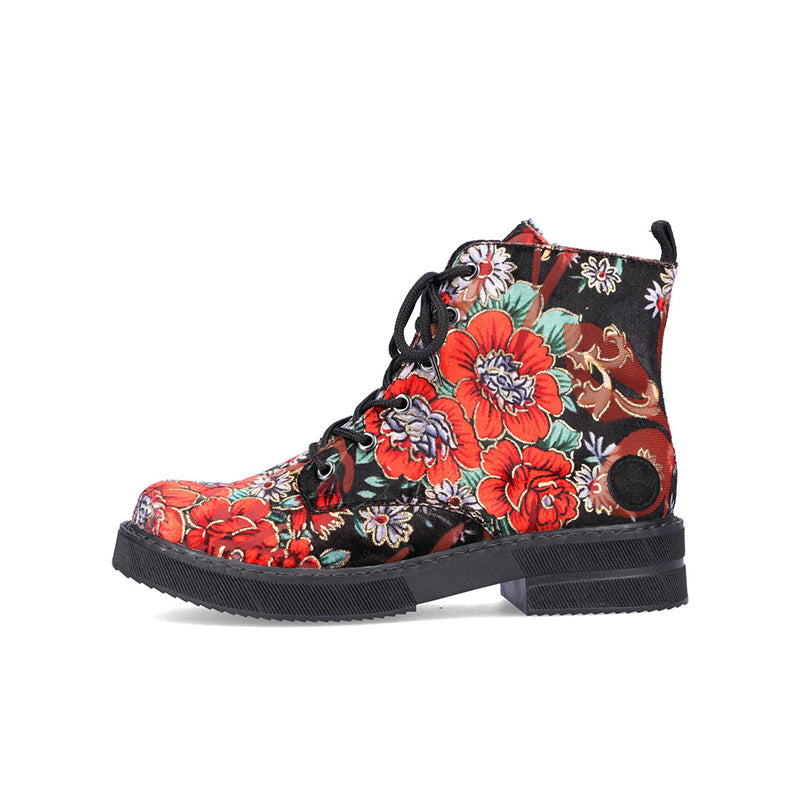 Red floral ankle boots with lace-up, dark base, black tread sole