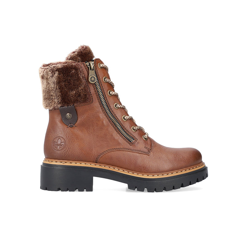 Brown winter lace-up boots with side zip and faux-fur ankle trim