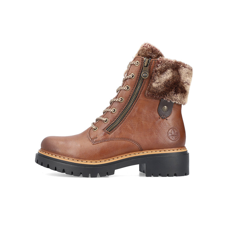 Brown winter lace-up boots with side zipper and faux-fur cuff