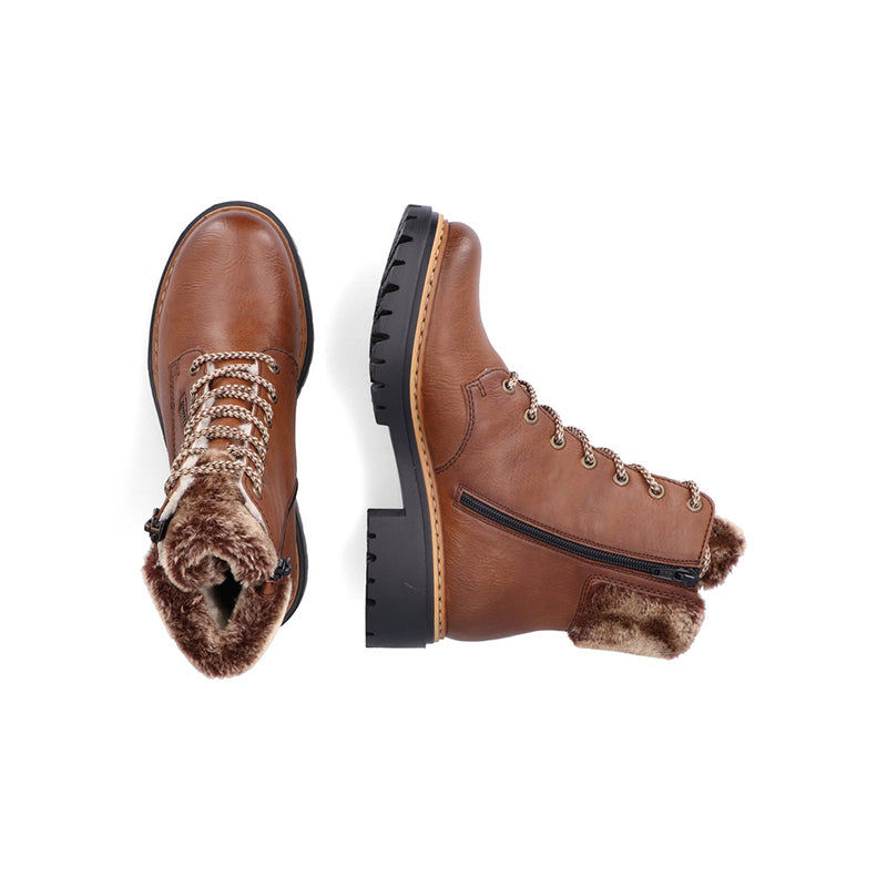 Pair of brown lace-up winter boots with side zip and faux-fur lining