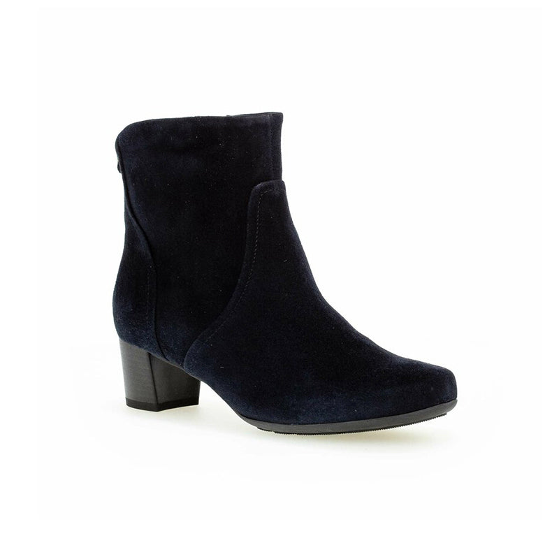 Dark blue suede ankle boot with block heel and pull-on side panel